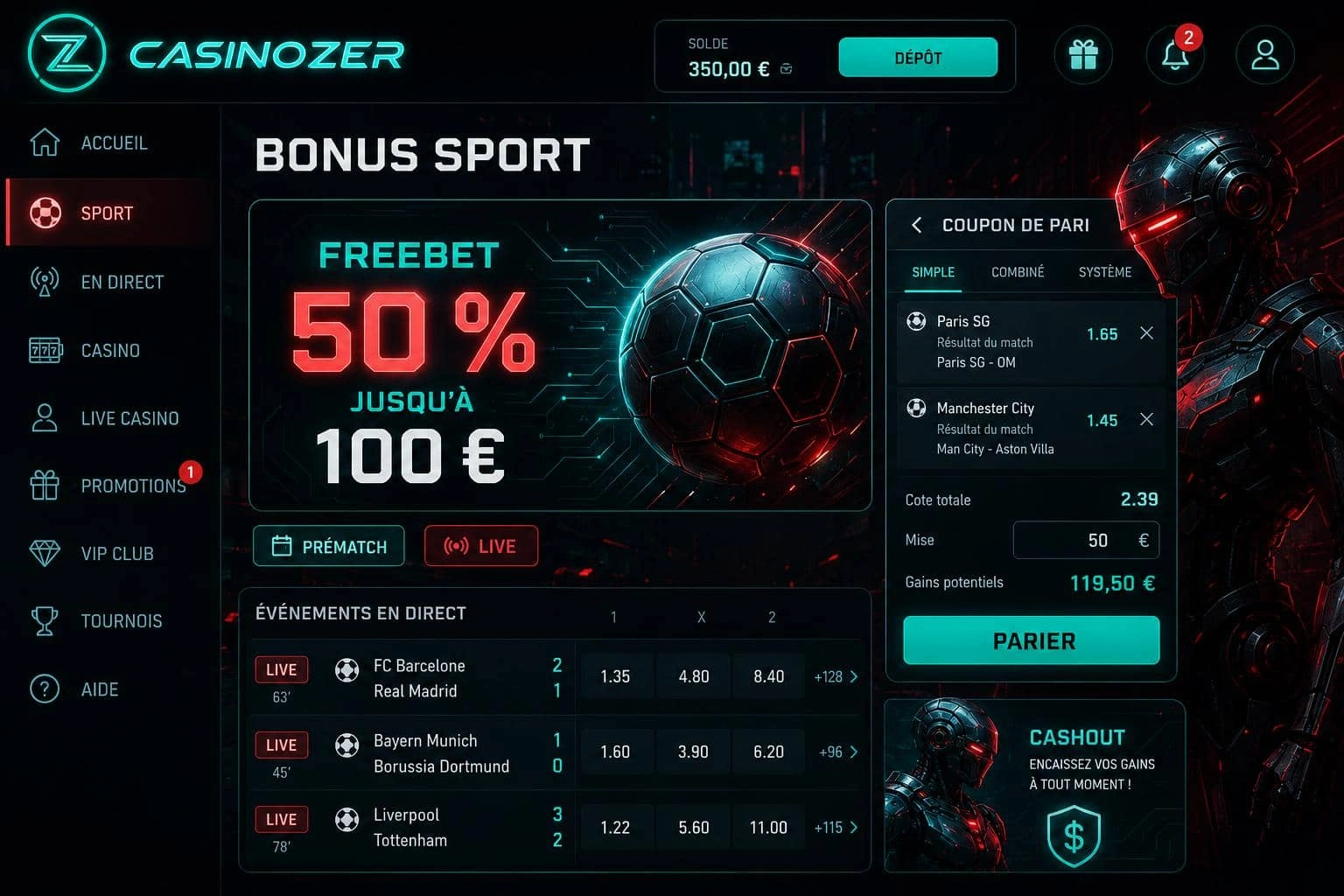 Bonus sport Casinozer : le freebet de 50 % — Casinozer bonus