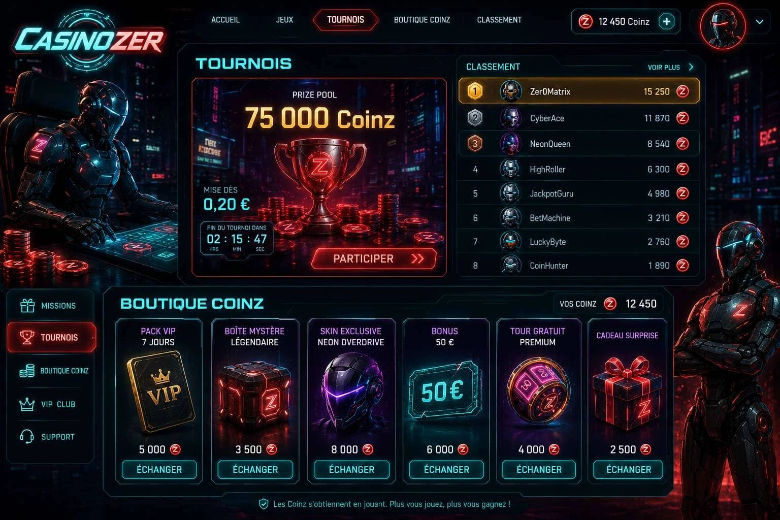 Tournois et boutique Coinz de Casinozer — Casinozer bonus