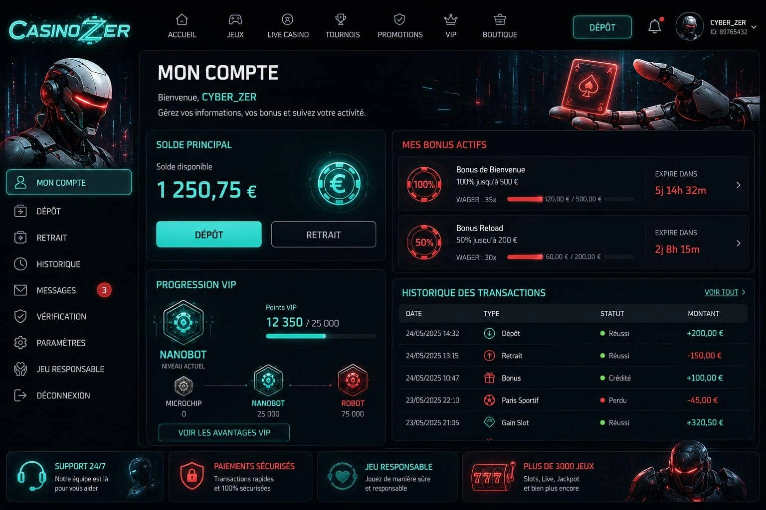 Casinozer mon compte après Casinozer connexion